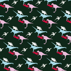 Dinosaurs silhouettes seamless pattern group t-rex, pterodactyl, triceratops, brachiosaurus, pink sky blue and white on dark green background