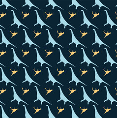 T-rex and brachiosaurus dinosaurs seamless pattern sky blue and beige on indigo blue