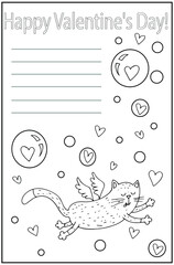 Valentine's day coloring card with a cat in love with Cupid's wings with hearts, hand drawing for coloring