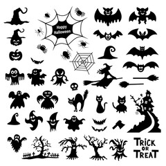 Set of silhouettes of Halloween on a white background. Vector illustration.