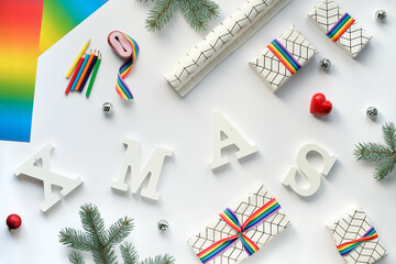 Flat lay with Christmas decorations and text Xmas. Top view, Christmas decorations and text Xmas.