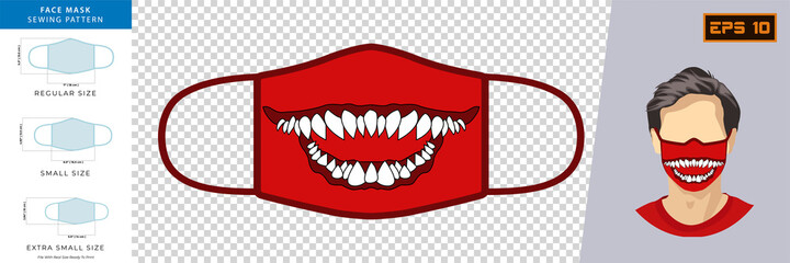 Naklejka premium Vector graphic of party masks. A white and red monster sharp teeth. Face mask design template, dust protection & breathing medical respiratory. vector EPS10. 