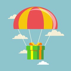 Flat design. Vector illustration. Delivery service. Parachute with parcel, gift in the sky. Holidays, delivery concept.