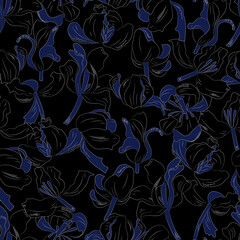 seamless pattern with tulips. Abstract floral background, lineart, sketch. Elegant art nouveau background