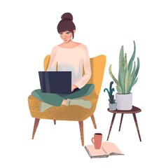 Home office illustration. Girl with laptop - 379747657