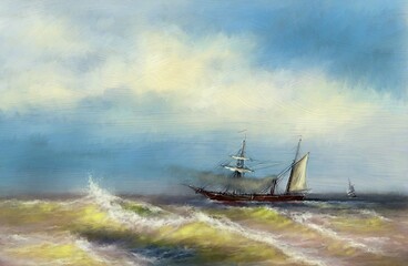 Old ship in the sea. Oil paintings landscape. Fine art.