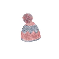 Soft pink colored knitted warm hat for winter hand drawn watercolor illustration on the white background, feminine trendy headwear, winter accessory for Christmas holiday celebrations