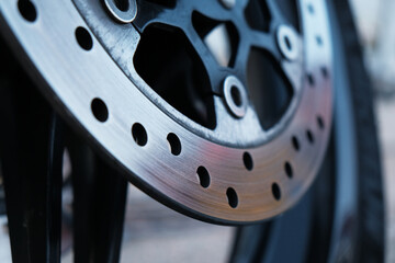 brake disc on a wheel from a motorcycle close up macro
