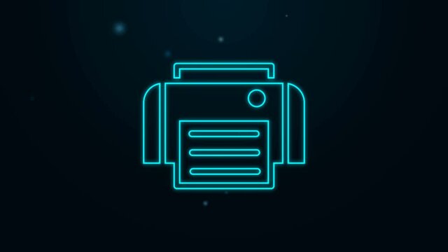 Glowing neon line Printer icon isolated on black background. 4K Video motion graphic animation