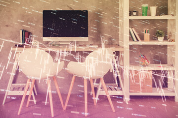Multi exposure of stock market chart drawing and office interior background. Concept of financial analysis.