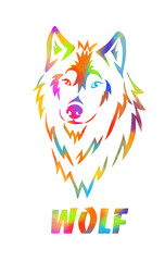 Wolf face logo emblem template mascot symbol for business or shirt design. T-shirt print. Dog sign. Mixed media. Vector Vintage Design Element.