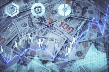 Double exposure of forex graph drawing over us dollars bill background. Concept of financial markets.