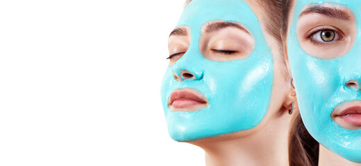 Collage of woman face with blue vitamin facial clay mask.