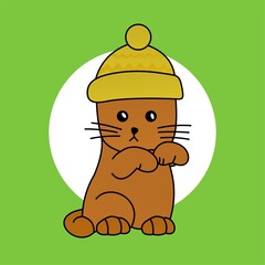 Illustration of Orange Cat Wearing a Hat Cartoon, Cute Funny Character, Flat Design