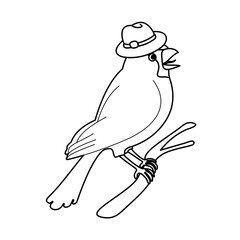 Coloring of Orange Bird Wearing a Hat Cartoon, Cute Funny Character, Flat Design