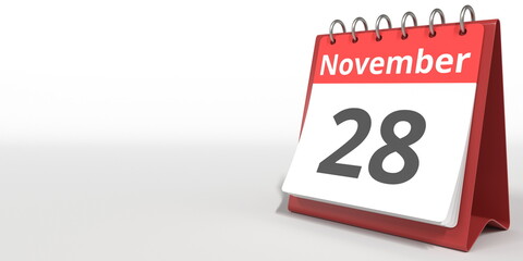 November 28 date on the flip calendar page, 3d rendering