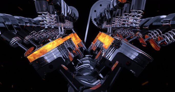 3D Animation Of A Working V8 Engine. Powerful Sport Car. Pistons, Camshaft, Valves And Other Mechanical Parts Are In Motion.