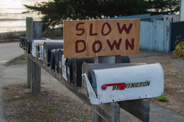 Slow Dow narrow road sign, California 