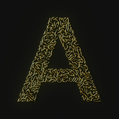 High resolution letter A symbol made of molded golden lines. 3d rendering