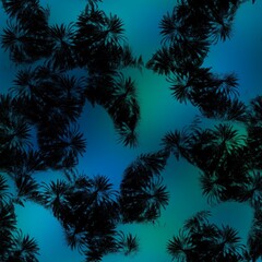 Fototapeta na wymiar Seamless Miami night tropical pattern black foliage on sunset blur. High quality illustration. Swim, sports, or resort wear repeat print. Dark foreground on blurred background. Dark vibrant colors.