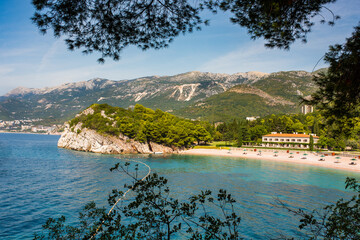View to the king's luxurious beach in Ardiatic Sea near Budva city, Montenegro. Milocer beach in Przno village.