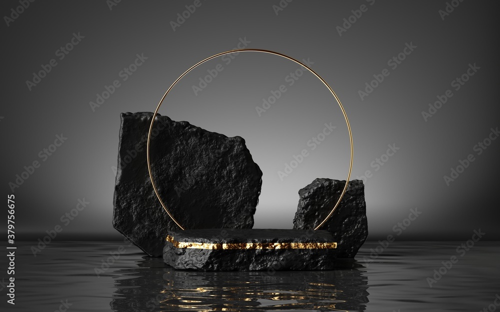 Aufkleber 3d render, abstract modern minimal black background with coal cobblestones and reflection in the wat