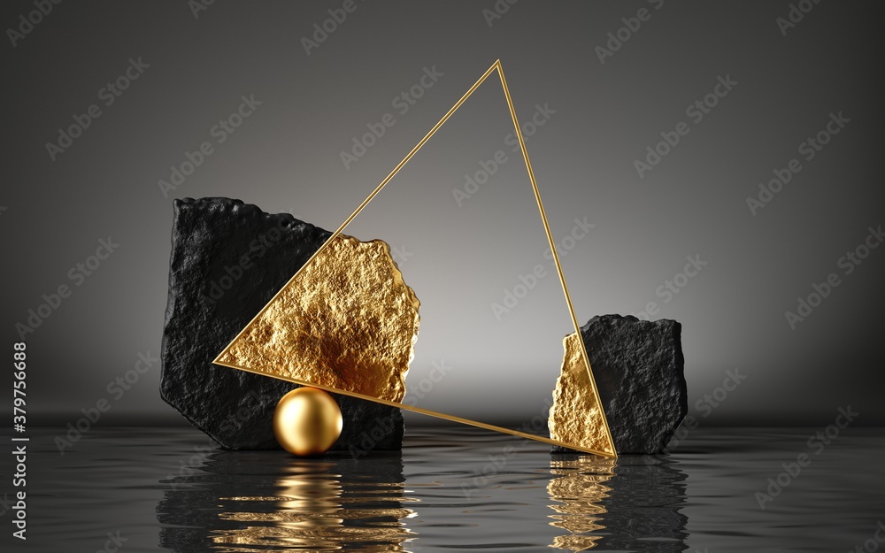 Aufkleber 3d render, abstract geometric background with black cobblestones and golden triangular frame, reflec