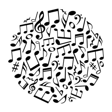 Music notes round abstract pattern, musical background, vector illustration.