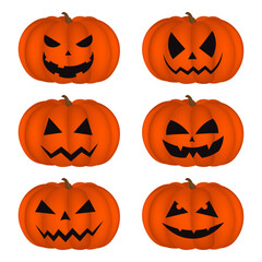 Set of orange Halloween pumpkins with smile, isolated on white background, vector illustration.