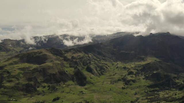 Timelapse mountain landscape Andes drone flight aerial view moving clouds in Colombia, Sierra Neveda del Cocuy,