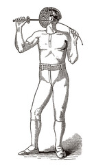 Vintage fencer in frontal view bending the blade of a foil, after an antique illustration from the 19th century