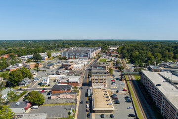 Aerial view of Old Town Gaithersburg in Montgomery County, Maryland. East Diamond Ave. parallels...