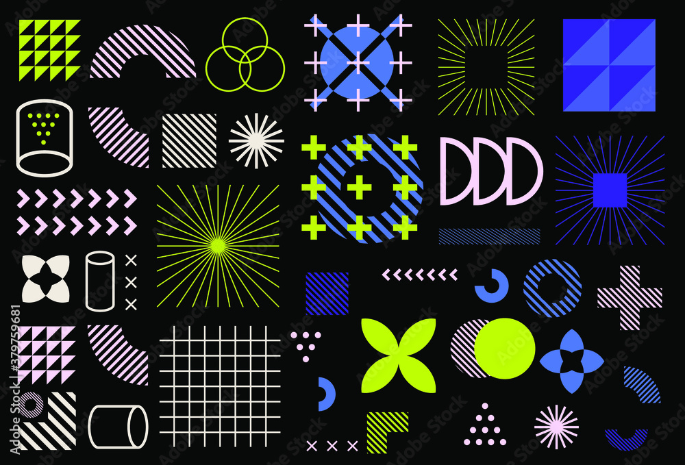 Poster collection of retrofuturistic geometric vector elements for trendy logotype design. neo-memphis and 