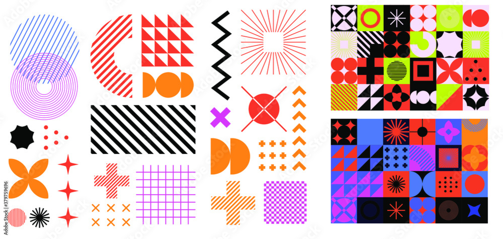 Poster collection of retrofuturistic geometric vector elements for trendy logotype design. neo-memphis and 