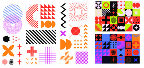 Collection of retrofuturistic geometric vector elements for trendy logotype design. Neo-memphis and bauhaus style.