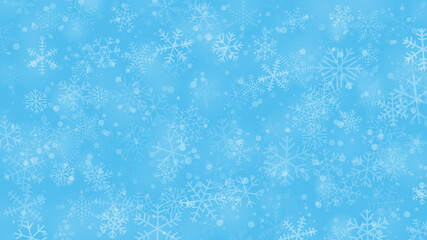 Christmas background of snowflakes of different shapes, sizes and transparency in light blue colors