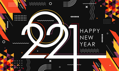 happy new year 2021 banner with modern geometric abstract background in retro style. happy new year greeting card design for year 2021 calligraphy includes colorful shapes. Vector illustration