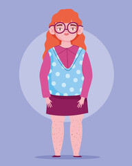 perfectly imperfect, woman with glasses and freckles standing cartoon