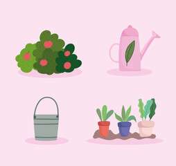 happy garden, bucket watering can bush fruits and potted plants