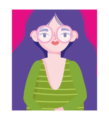 perfectly imperfect, cartoon woman with glasses character
