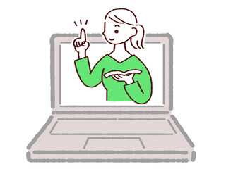 ノートパソコン 吹き出し 女性 案内 緑色