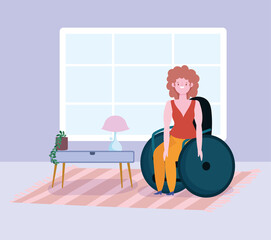 diversity and inclusion, smiling woman sitting on wheelchair in the room