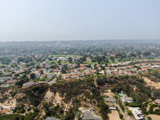 Obraz premium Thick haze and smog over San Diego due to wildfire in California. USA. Air pollution.