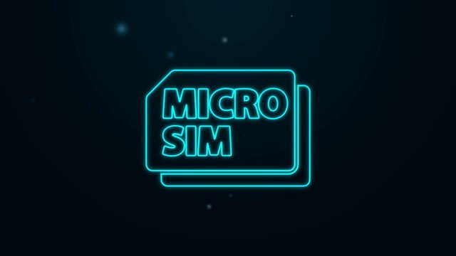 Glowing neon line Micro Sim Card icon isolated on black background. Mobile and wireless communication technologies. Network chip electronic connection. 4K Video motion graphic animation