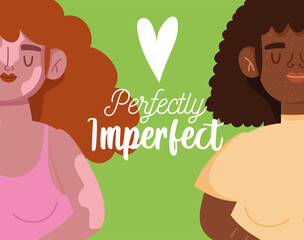 perfectly imperfect, cartoon women with vitiligo and freckles characters