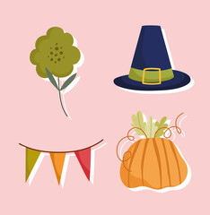 happy thanksgiving day, hat pumpkin flower pennant decoration icons