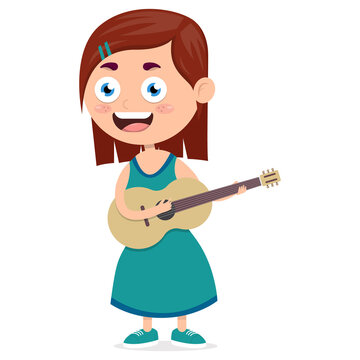 happy girl playing guitar, little female guitarist on music performance, cartoon vector on white background