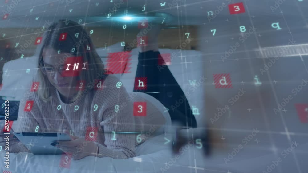 Poster cyber security data processing against woman using digital tablet and smartphone at home