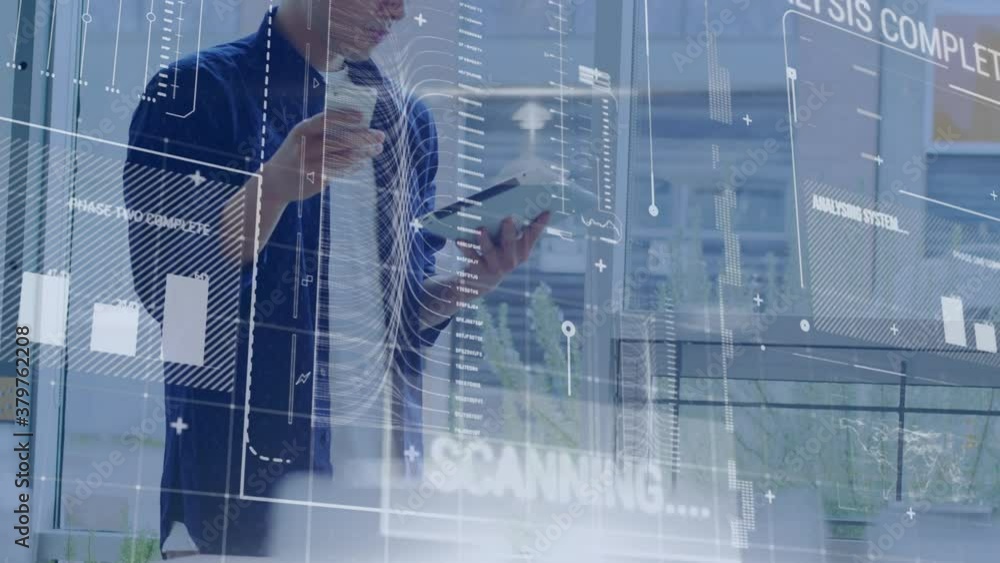 Aufkleber data processing against man using digital tablet and smartphone