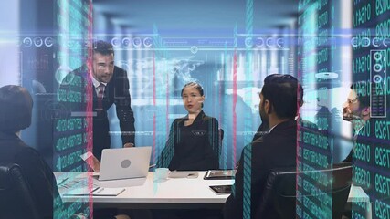 Digital interface data processing over businessman using interactive screen at meeting with team - Powered by Adobe